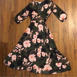 Green, Black, Pink Floral Long Sleeve Maxi Wrap Dress